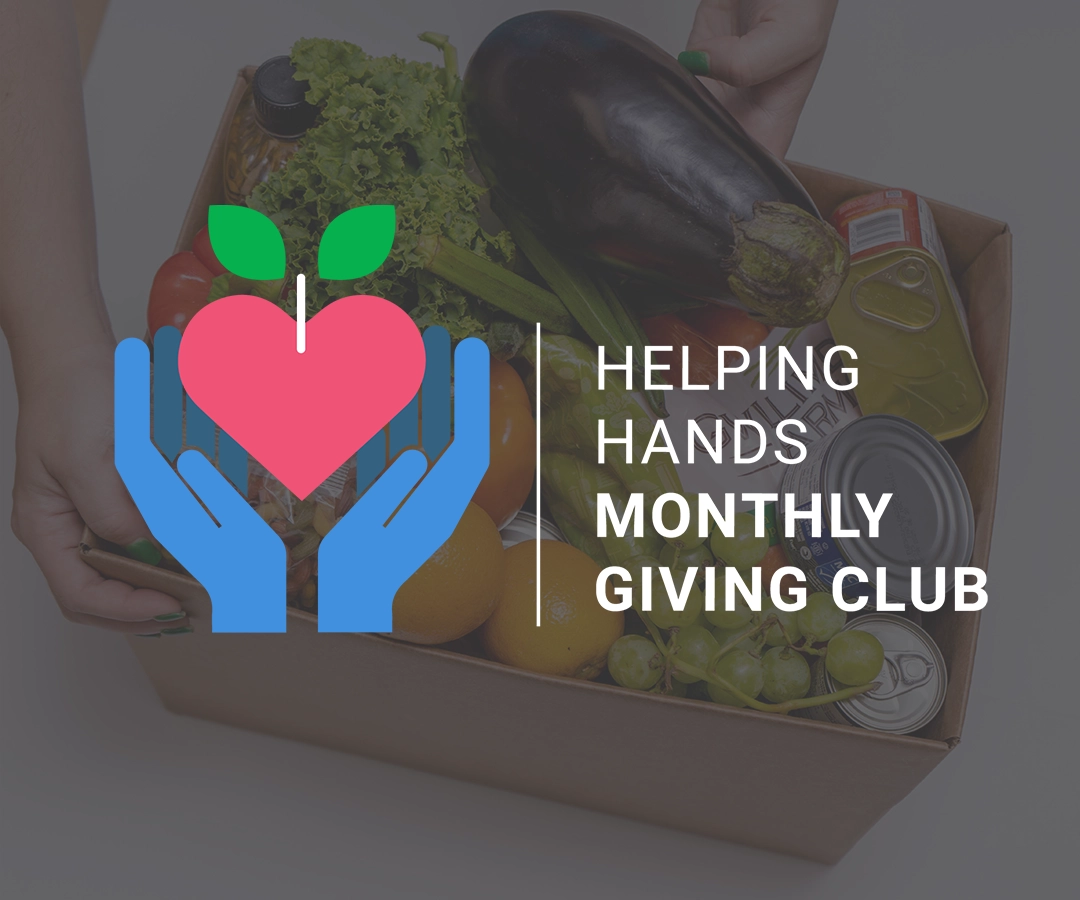 Image of open box of food donations with Helping Hands Monthly Giving Club superimposed over image