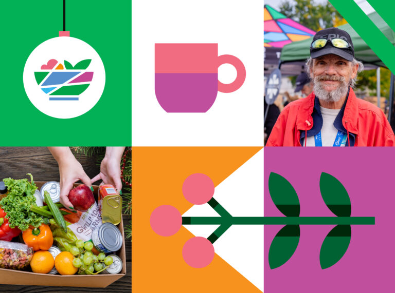 Holiday Drive image showing the Food Banks Mississauga logo, a mug, a photo of a man who is a food bank user, a box of fresh food and an illustrated holly.