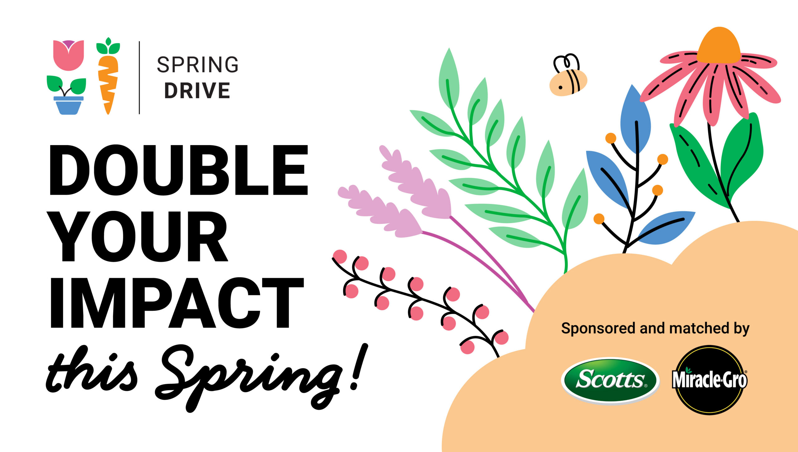 Illustrations of flowers and a bee on a white background with a Spring Drive wordmark and the words 