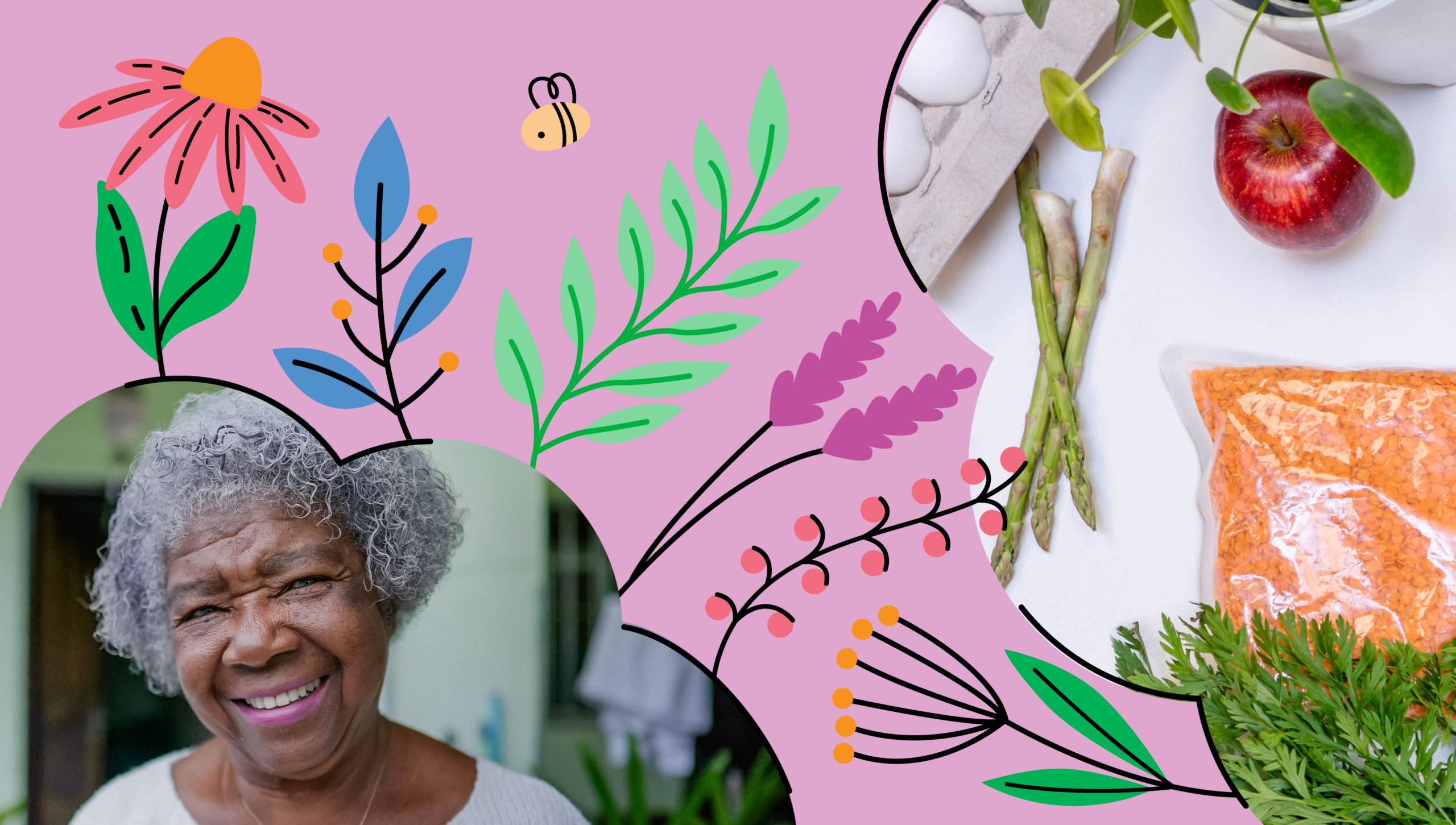 A photo of a smiling food bank visitor with short, curly white and grey hair and a photo of a carton of eggs, asparagus, an apple and a bag of lentils, with illustrations of plants, flowers and a bee on a purple background.